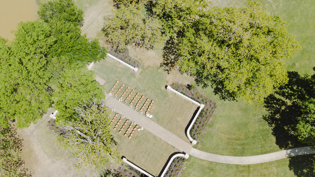 Drone photo of wedding ceremony site in Weatherford